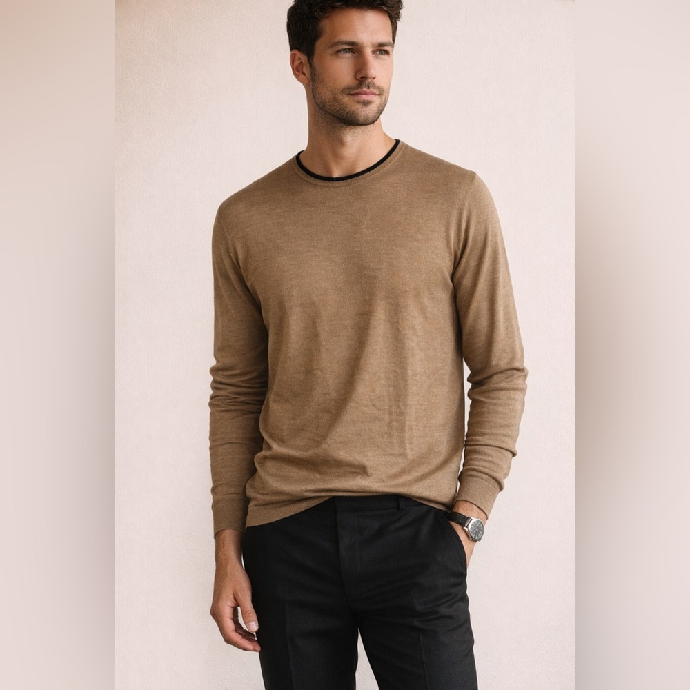 4 YOU 100% Silk Sweater Men’s Large Brown Scandinavian Minimalist Lightweight